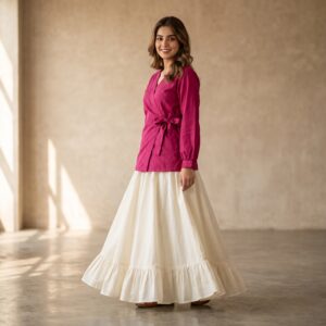 Fuchsia Wrap Top & Flared Skirt Set